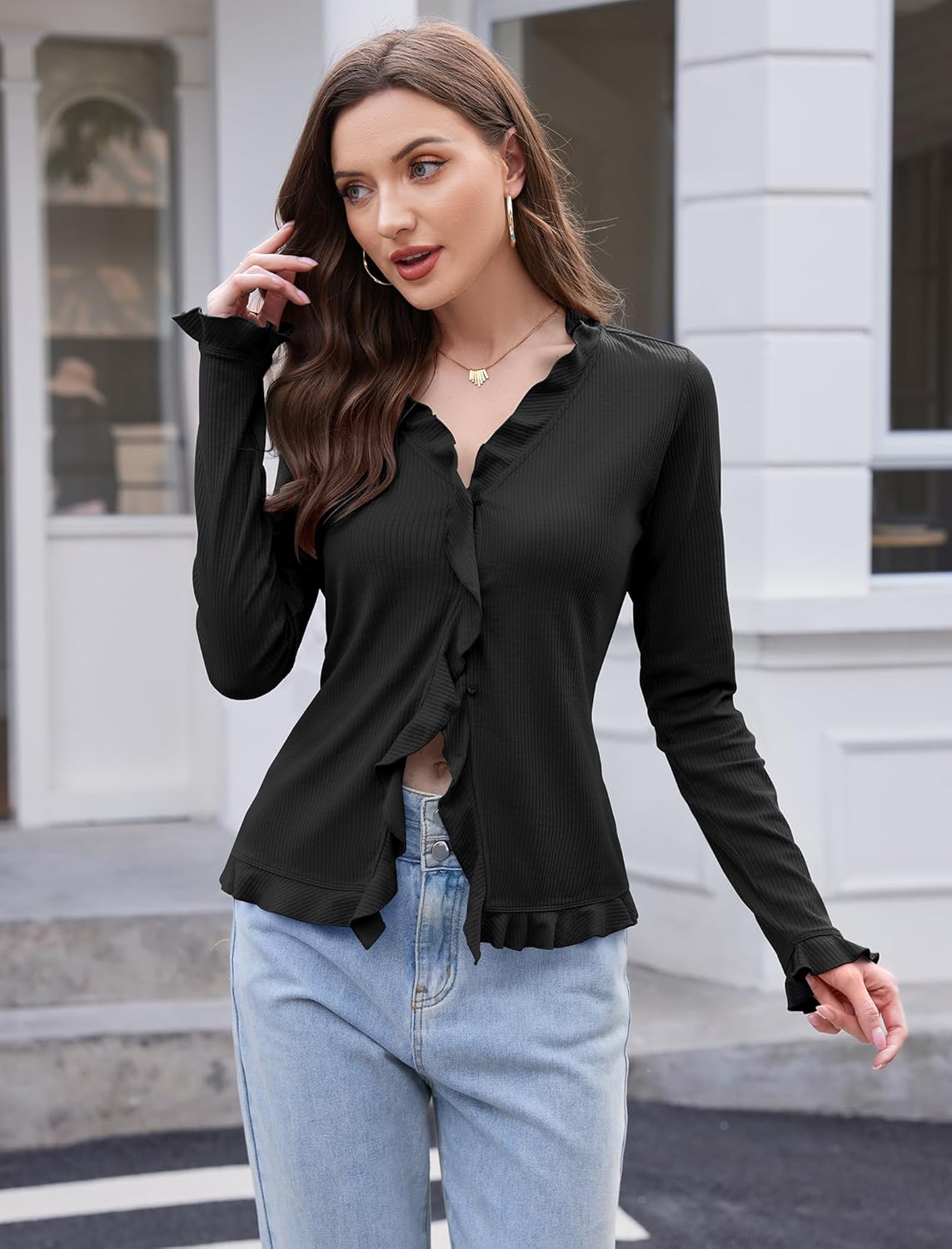 TAIPOVE Women's Long Sleeve Ribbed Shirt Ruffle Front Button Down Going Out Trendy Tops V Neck Fall Winter Blouse