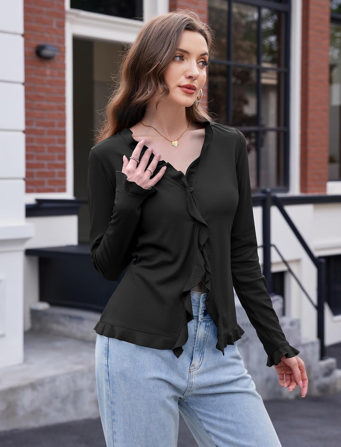 TAIPOVE Women's Long Sleeve Ribbed Shirt Ruffle Front Button Down Going Out Trendy Tops V Neck Fall Winter Blouse