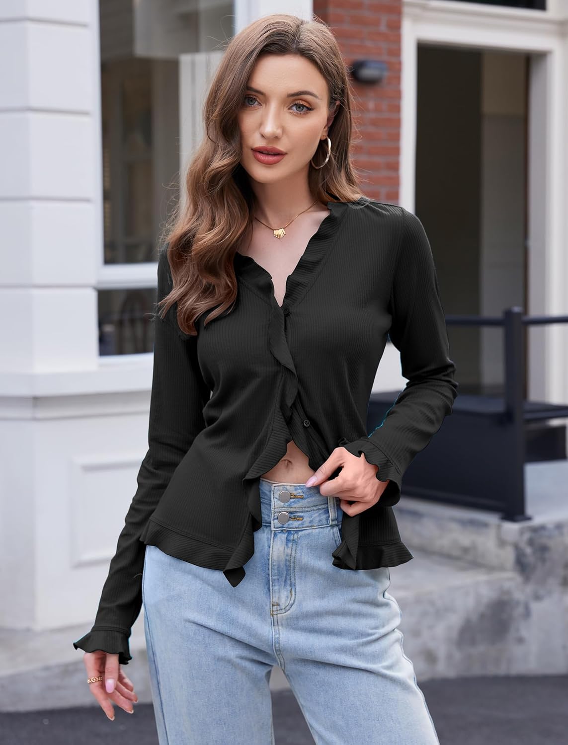 TAIPOVE Women's Long Sleeve Ribbed Shirt Ruffle Front Button Down Going Out Trendy Tops V Neck Fall Winter Blouse