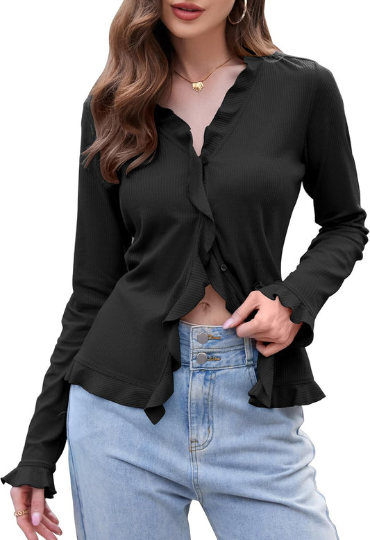 TAIPOVE Women's Long Sleeve Ribbed Shirt Ruffle Front Button Down Going Out Trendy Tops V Neck Fall Winter Blouse