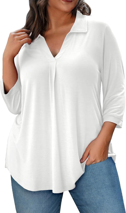 REDHOTYPE Womens Plus size Tops 3/4 Sleeve Shirts Collared V Neck Blouses Casual Work Tunic Tops