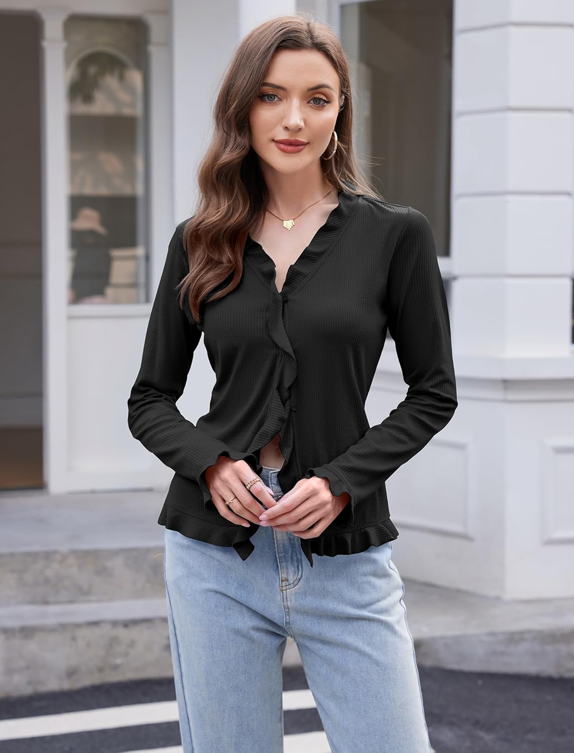 TAIPOVE Women's Long Sleeve Ribbed Shirt Ruffle Front Button Down Going Out Trendy Tops V Neck Fall Winter Blouse